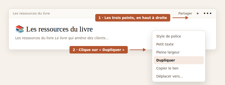 Les trois points en haut à droite de la page, puis l'option Dupliquer dans le menu